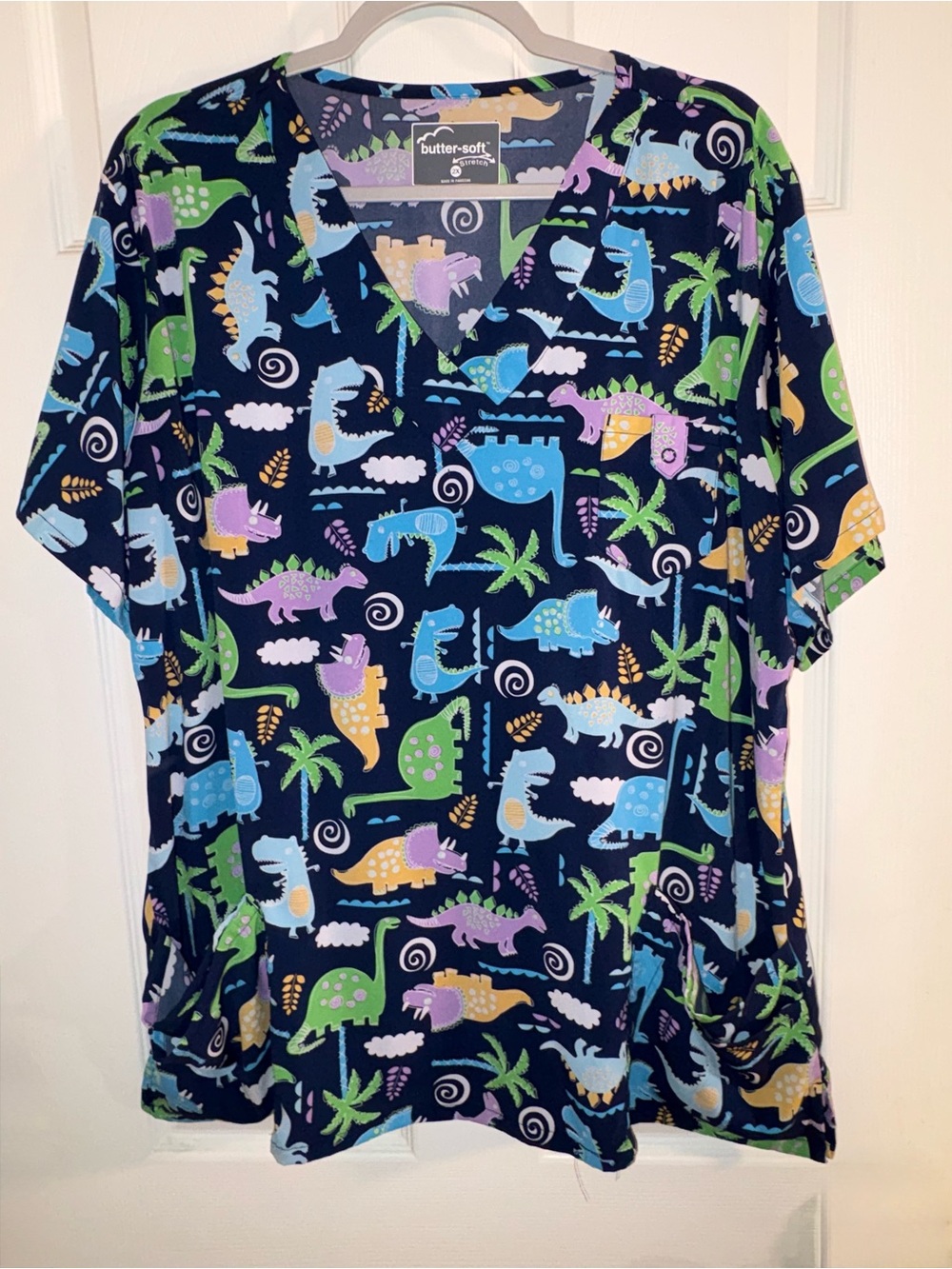 Butter-Soft Navy Dinosaur Print Scrub Top Size 2X